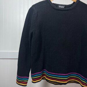 Designers Originals Studio VTG Rainbow Stripe Black Long Sleeve Pullover Sweater